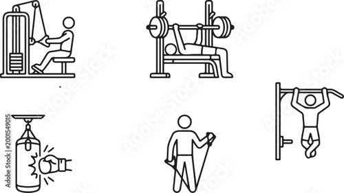 Fitness vector icons showing weightlifting and cardio exercises in a gym setting