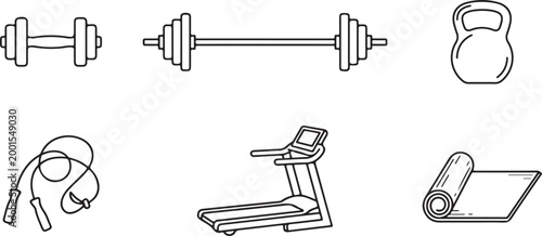 Fitness equipment icons for workout and training in a clean vector style