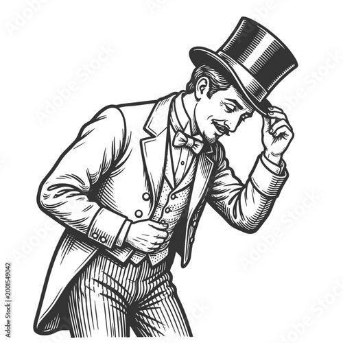 polite Victorian gentleman tipping his top hat while holding a cane, expressing greeting, etiquette, and classic elegance sketch engraving generative ai vector illustration. Black and white.