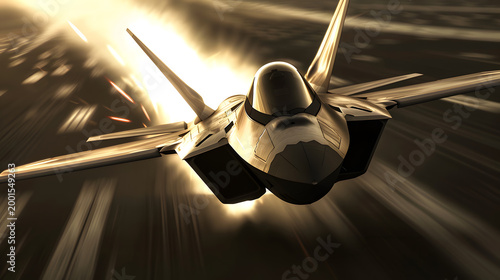 Modern Stealth Fighter Jet Ascending Rapidly Through Bright Light Streaks, Dynamic Motion Blur, Military Aircraft