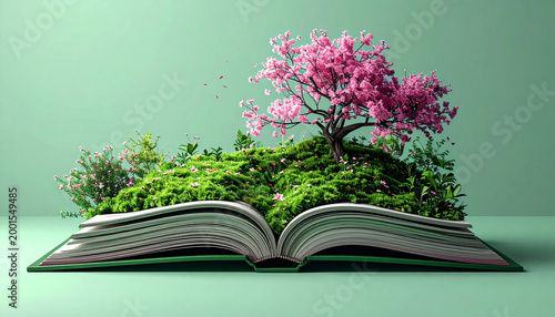Open book lush garden blooming tree green grass pink flower nature education fantasy surreal spring creativity imagination learning growth inspiration peaceful magical literature botanical