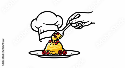 Chef's hat above scoop of ice cream with berries, spoon pours topping
