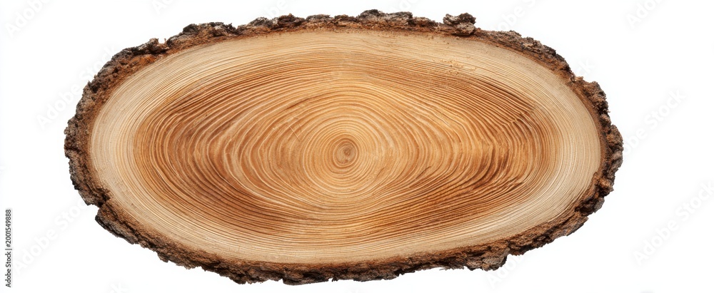 Fototapeta premium Birch log slice on white backdrop showcasing wood grain and growth rings for nature themes