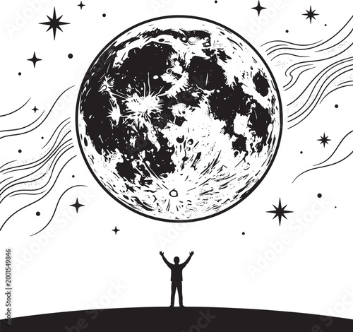 Silhouette of person reaching towards large full moon with stars and cosmic