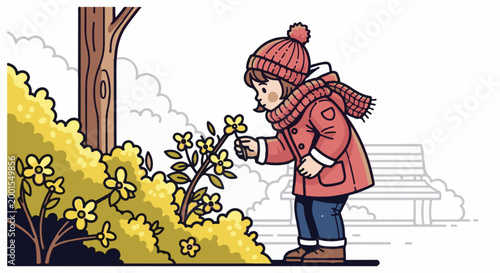 Child in winter clothes smells yellow flowers by a tree