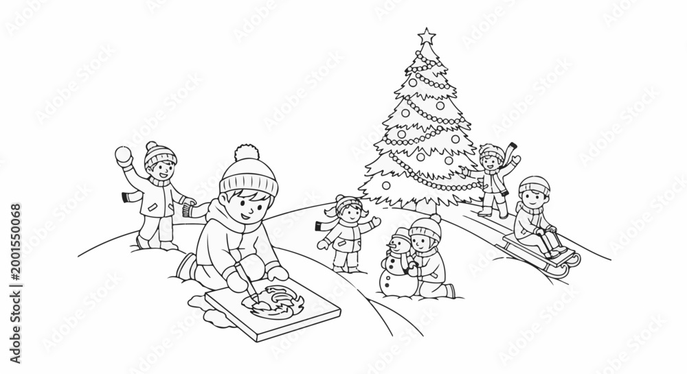 Obraz premium Children enjoying winter activities, building a snowman and sledding near a Christmas tree