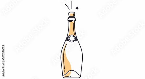 Bottle of bubbly with cork popping and a sparkling star