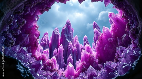 Macro Landscape Inside a Giant Geode with Dramatic Purple Amethyst Crystal Spires