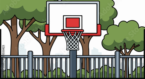 Cartoon basketball hoop and net surrounded by trees, fence, and distant buildings