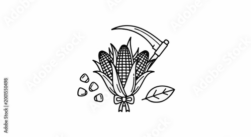 Bundle of three corn cobs tied with a bow, scythe, and scattered kernels