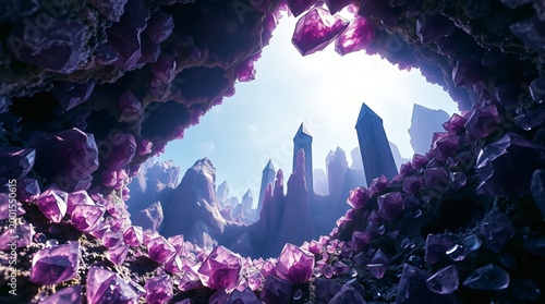 Breathtaking Purple Amethyst Crystal Cave Interior Shot with Deep Cinematic Lighting