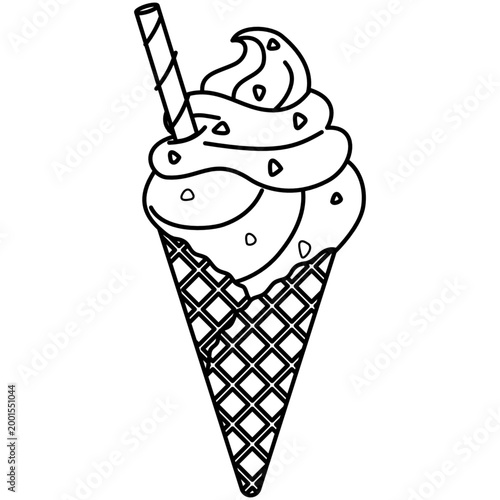 black line drawing ice cream cone with straw isolated on transparent background