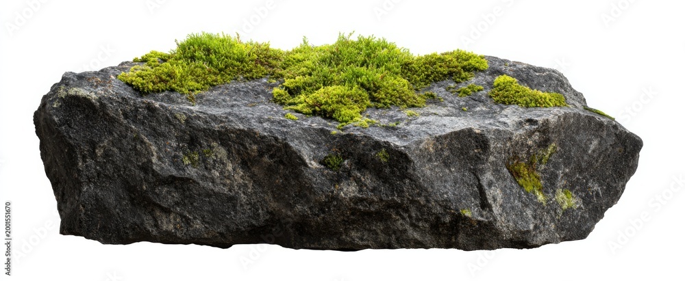 Fototapeta premium Gray fox on smooth moss-covered limestone rock ideal for nature and adventure designs.