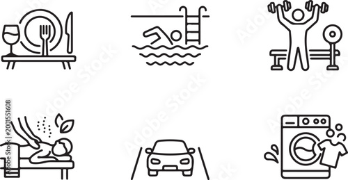 Set of six lifestyle service icons including dining swimming fitness massage driving and laundry in a clean vector style