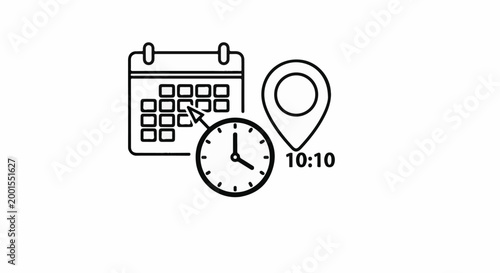 Calendar icon with clock and map pin, indicating a scheduled time and location