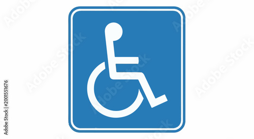 Blue square sign with white internationally recognized symbol for accessibility for wheelchair users