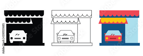Car Dealership Store and Automotive Showroom Icon Set in Flat Glyph and Outline Styles
