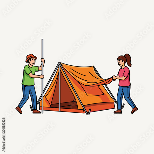 People setting up a camping tent together for international friendship day, outdoor adventure teamwork, summer leisure activity, lifestyle illustration