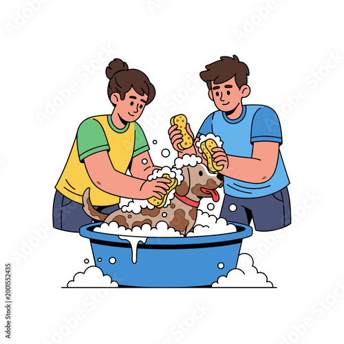 People washing dog in bathtub, friends bathing puppy with soap bubbles, pet care and grooming help, friendship