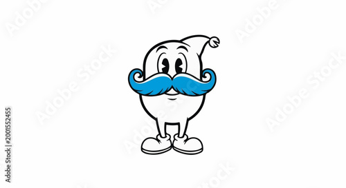 Cartoon character with a large blue mustache and beady eyes