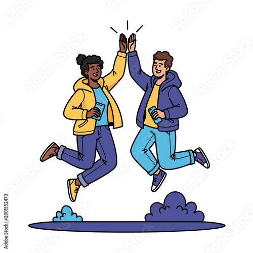 Obraz na płótnie Two diverse friends jumping for high five celebrating international friendship d