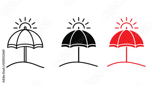 Colorful beach umbrella icons with sun symbols in black, white, and red on a white background