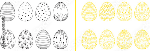 Set of hand drawn patterned Easter eggs in black and yellow line art vector illustration isolated on white background
