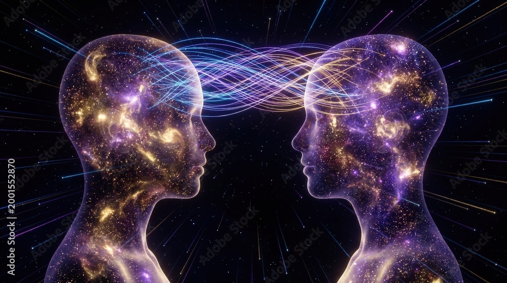 Obraz premium Telepathy and mental connection concept, two cosmic human profiles sharing energy waves. Collective consciousness and shared brainstorming ideas.