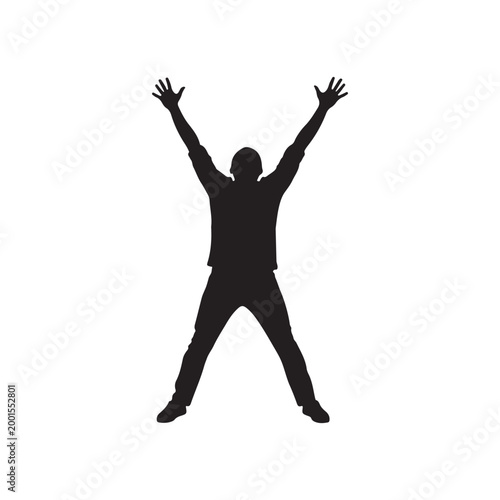 A black silhouette of a man jumping in the air with his arms raised up in excitement isolated on white background