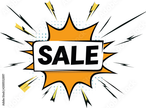 Vibrant comic-style illustration of a sale sign exploding with dynamic lines