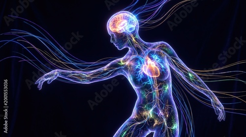 Mind body connection concept with glowing human silhouette, 3D render. Holistic wellness, consciousness and medical science illustration.
