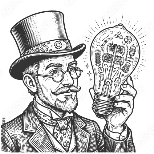 Victorian gentleman holding a symbolic light bulb filled with gears, innovation, invention, and creative thinking sketch engraving generative ai vector illustration. Scratch board. Black and white.
