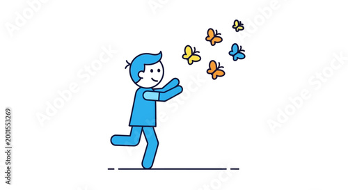 Boy Releasing Colorful Butterflies Freely Outdoors.
