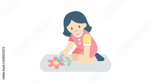 Little girl playing with colorful flowers.