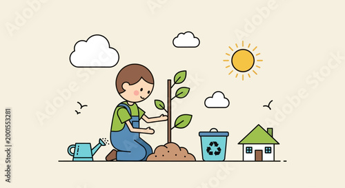 Boy Planting Small Green Tree Sapling.