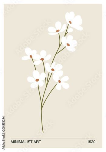 Naive Art Minimalist Botanical Flower Illustration in Neutral Mid Century Style