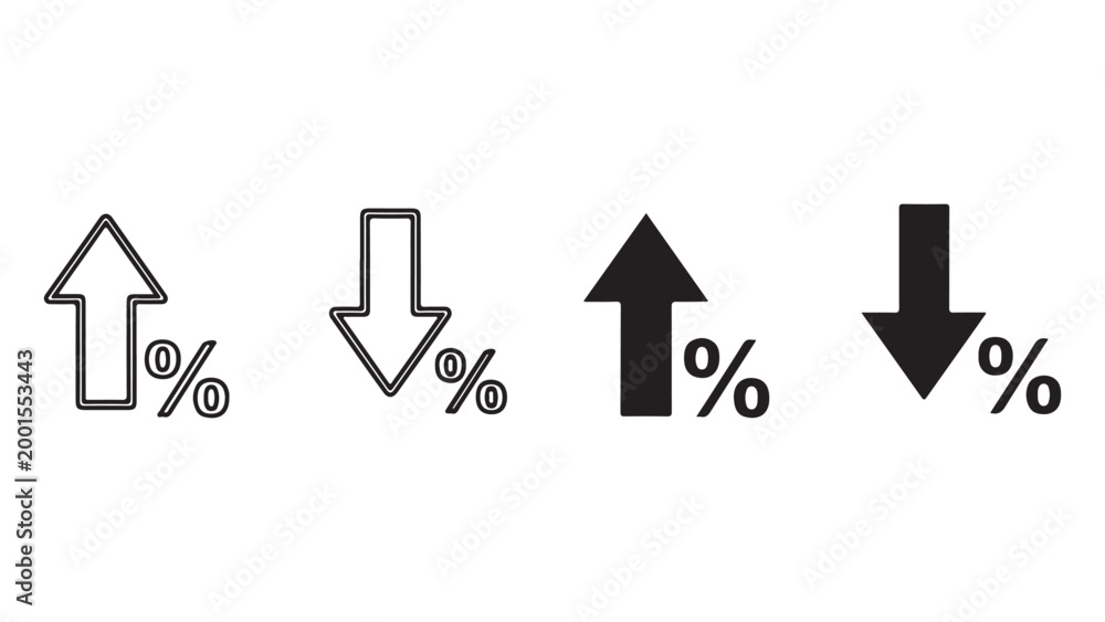 Fototapeta premium Vector icons of up and down arrows with percentage signs in black and white