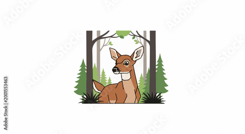 Cartoon deer resting in a stylized forest clearing
