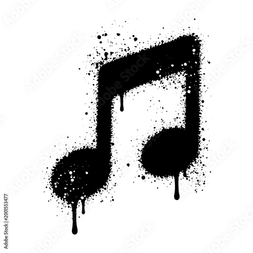 Music note graffiti icon featuring urban spray paint drips and artistic texture