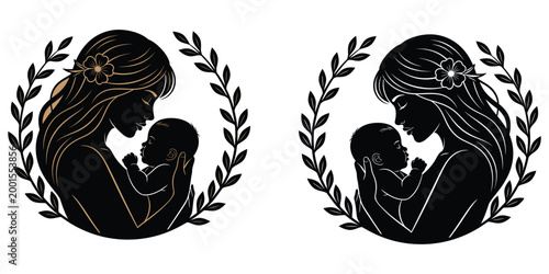 Silhouette of madonna and child with floral wreaths a classic religious iconography