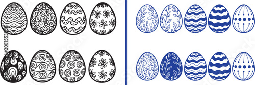 Collection of hand drawn Easter eggs with floral and geometric patterns isolated on white background vector