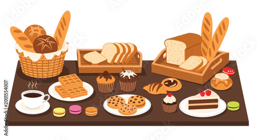 Delicious assortment of fresh bread, croissants, muffins, waffles, and cookies displayed on a table with a cup of coffee.