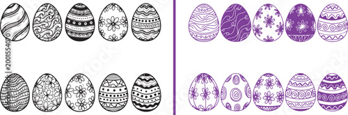 Set of hand drawn vector patterned Easter eggs with floral and geometric designs isolated on white background