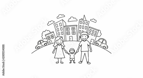 Cartoon family with child in front of city skyline and cars