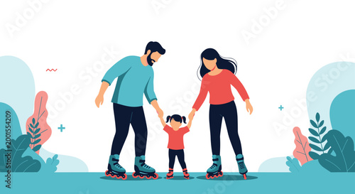 Happy family enjoys a day of active recreation while rollerblading together through a scenic park with lush green plants and trees.