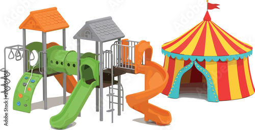 Children playground set with slides and circus tent illustrating outdoor entertainment, kids activities, and colorful vector illustration