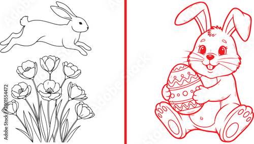 Easter bunny holding decorated egg and jumping rabbit with flowers line art illustration isolated on white background