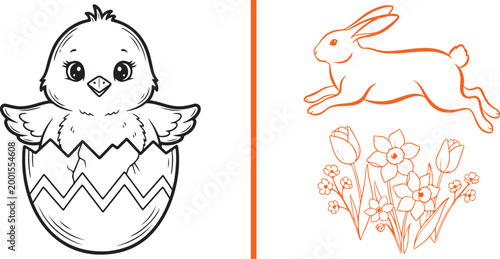Easter coloring book page set with cute chick hatching from egg and jumping rabbit isolated on white background vector