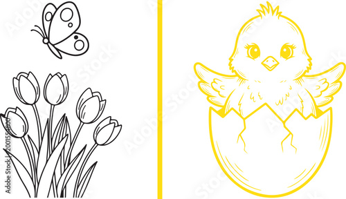 Easter coloring book page vector with chick hatching from egg and tulips with butterfly isolated on white background