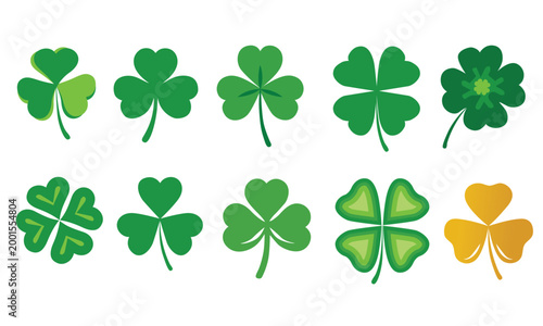 Green clover leaf set and Green, Golden shamrock icon for st patricks day celebration